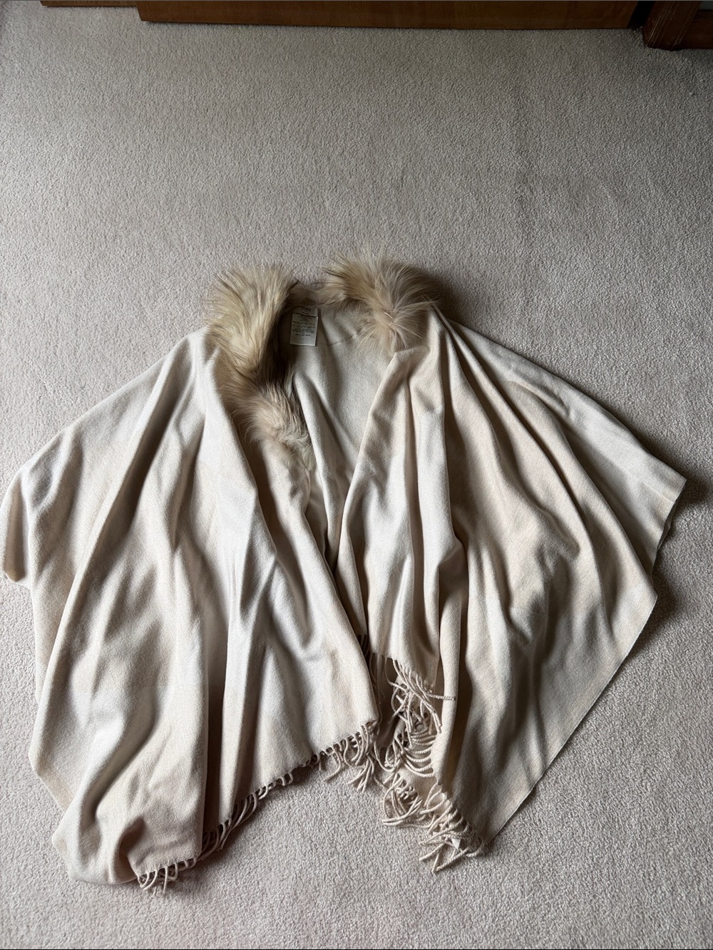 Fendi Wool Poncho in Cream with Natural Fur Trim